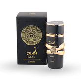 Lattafa Asad eau de parfum black bottle with gold accents